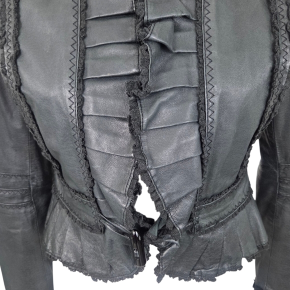 Vintage Y2K Black Leather Jacket Womens Small Ruffle Whimsygoth Romance Coquette - Picture 3 of 12